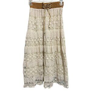 Lace Tiered Maxi Praire Skirt Sz XS-S  Faux Suede Waist w Lace-up Western Boho